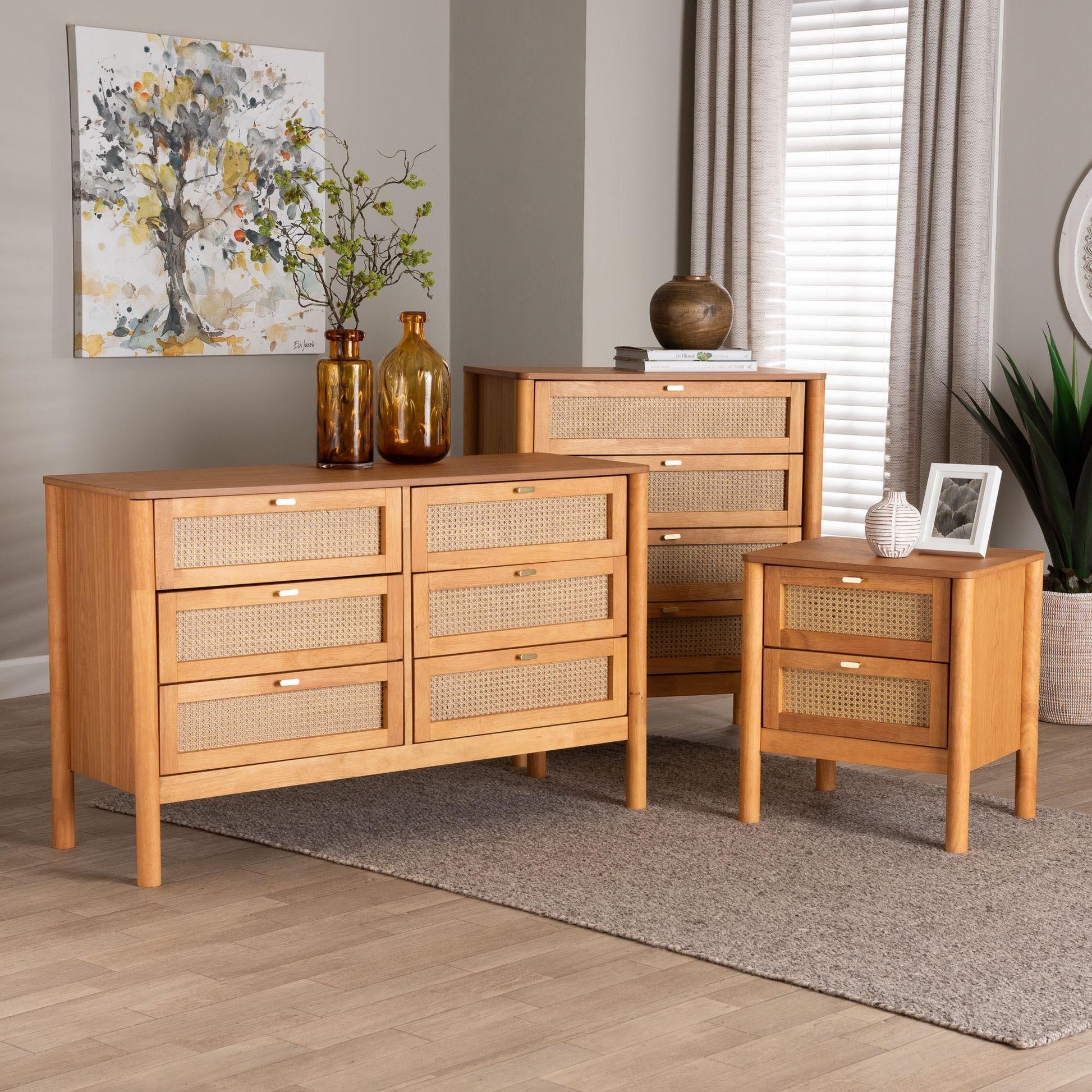 Baxton Studio Jenn Golden Brown Wood Japandi 3-Piece Storage Set with Distressed-Finished Rattan FredCo