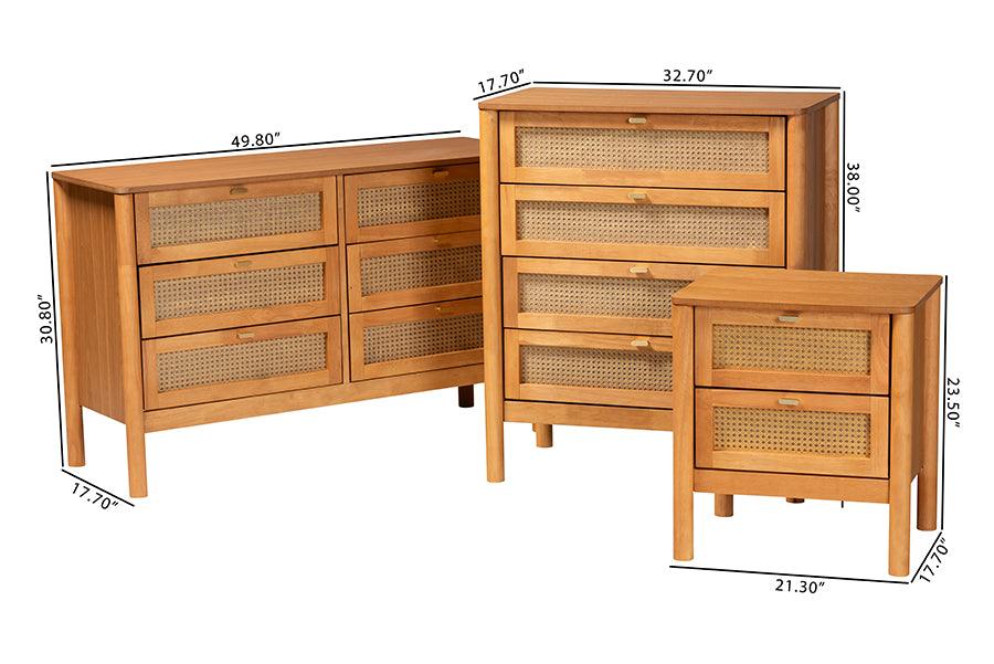 Baxton Studio Jenn Golden Brown Wood Japandi 3-Piece Storage Set with Distressed-Finished Rattan FredCo