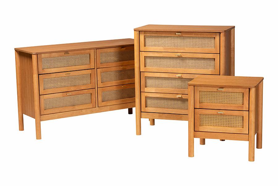 Baxton Studio Jenn Golden Brown Wood Japandi 3-Piece Storage Set with Distressed-Finished Rattan FredCo
