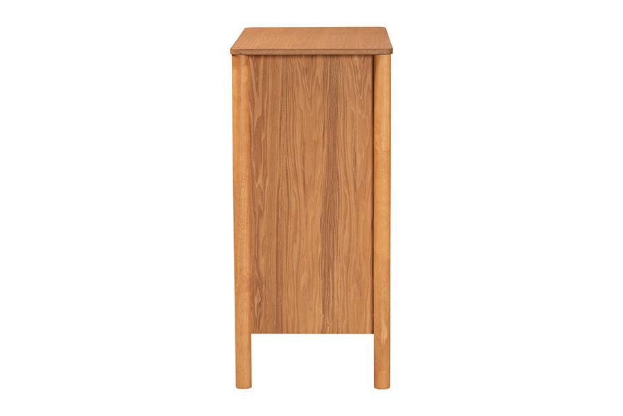 Baxton Studio Jenn Golden Brown Wood Japandi 4-Drawer Chest with Distressed-Finished Rattan FredCo