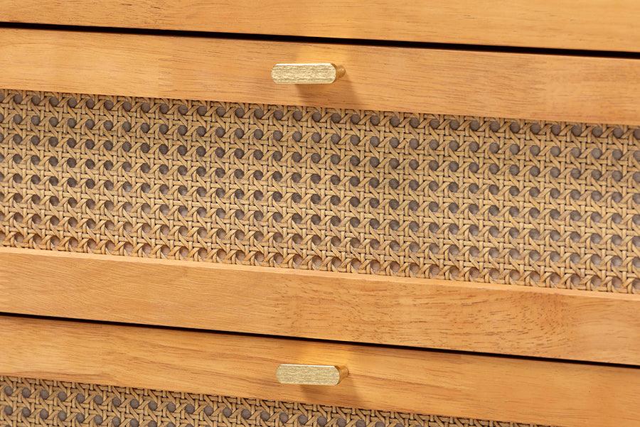 Baxton Studio Jenn Golden Brown Wood Japandi 4-Drawer Chest with Distressed-Finished Rattan FredCo