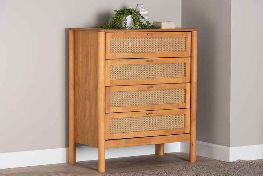 Baxton Studio Jenn Golden Brown Wood Japandi 4-Drawer Chest with Distressed-Finished Rattan FredCo