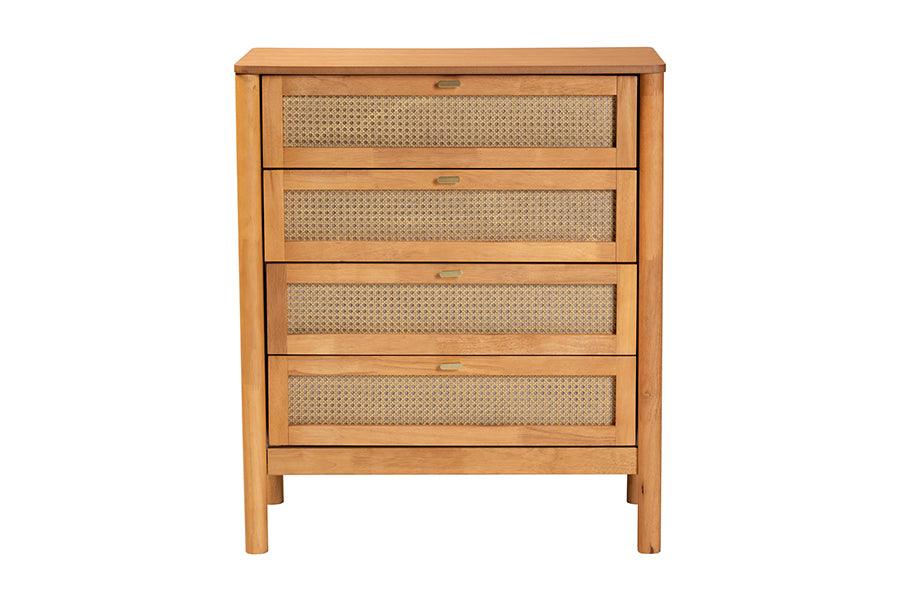Baxton Studio Jenn Golden Brown Wood Japandi 4-Drawer Chest with Distressed-Finished Rattan FredCo