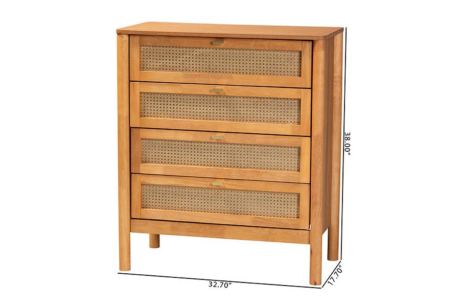 Baxton Studio Jenn Golden Brown Wood Japandi 4-Drawer Chest with Distressed-Finished Rattan FredCo