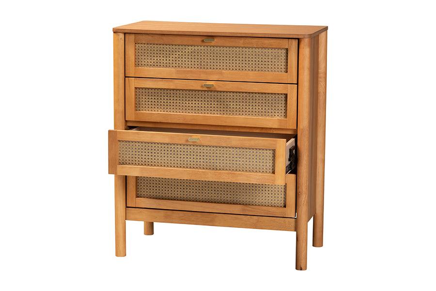 Baxton Studio Jenn Golden Brown Wood Japandi 4-Drawer Chest with Distressed-Finished Rattan FredCo