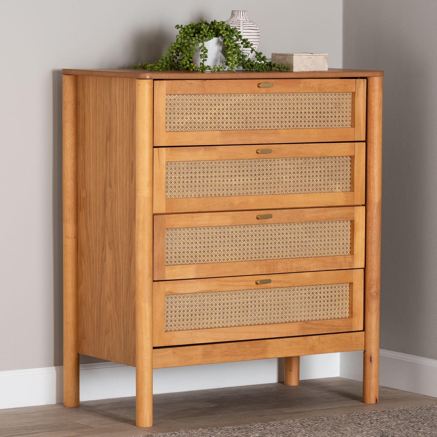 Baxton Studio Jenn Golden Brown Wood Japandi 4-Drawer Chest with Distressed-Finished Rattan FredCo