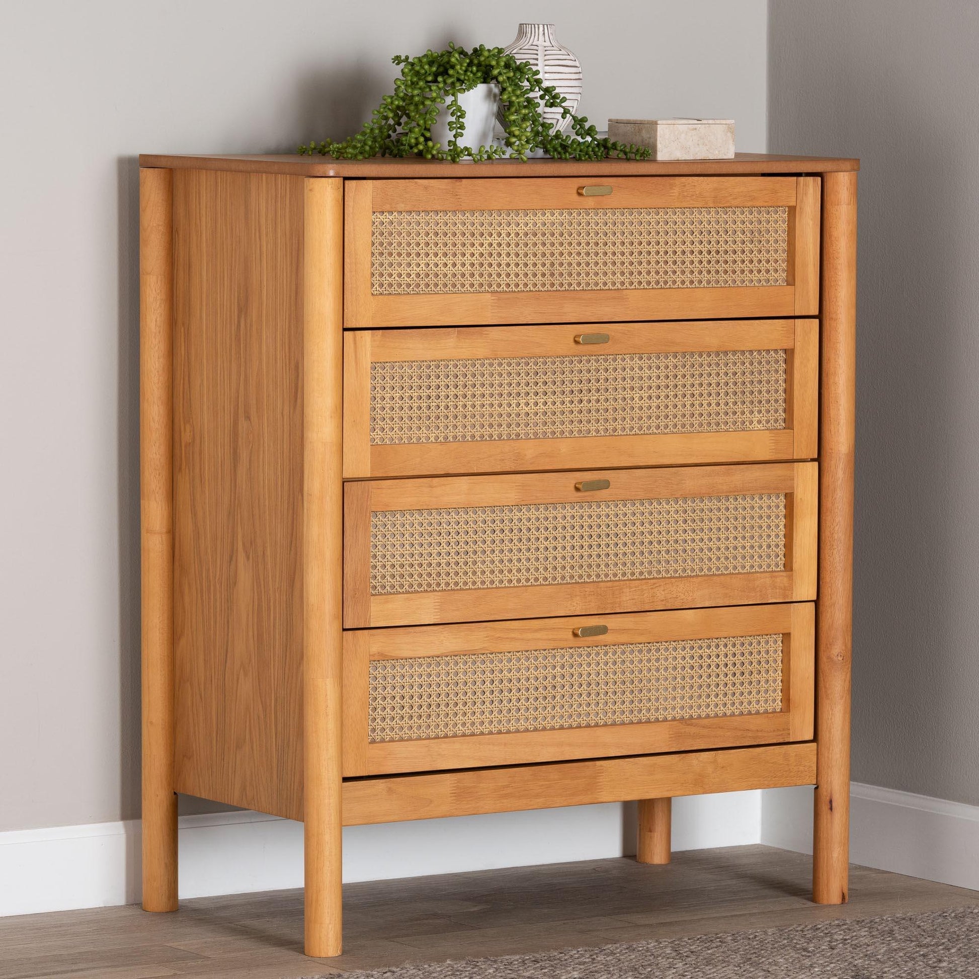 Baxton Studio Jenn Golden Brown Wood Japandi 4-Drawer Chest with Distressed-Finished Rattan FredCo