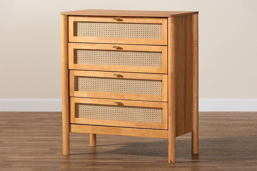 Baxton Studio Jenn Golden Brown Wood Japandi 4-Drawer Chest with Distressed-Finished Rattan FredCo