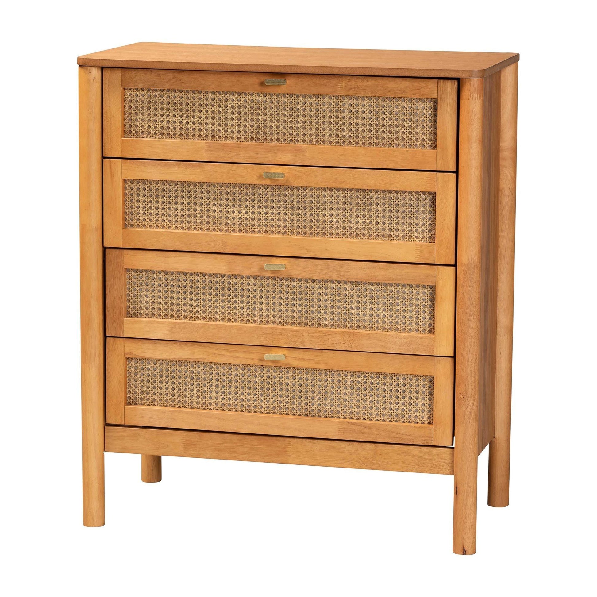 Baxton Studio Jenn Golden Brown Wood Japandi 4-Drawer Chest with Distressed-Finished Rattan FredCo