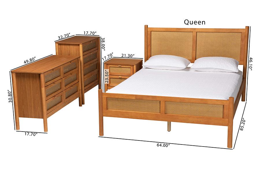Baxton Studio Jenn Golden Brown Wood Japandi 4-Piece Queen Size Bedroom Set with Distressed-Finished Rattan FredCo