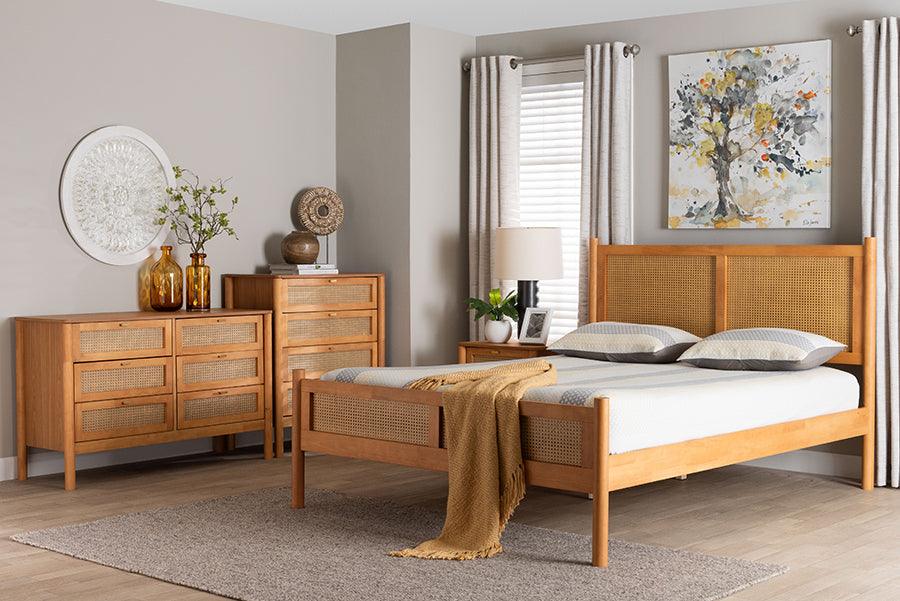 Baxton Studio Jenn Golden Brown Wood Japandi 4-Piece Queen Size Bedroom Set with Distressed-Finished Rattan FredCo
