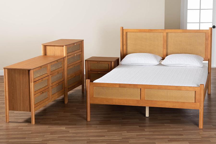 Baxton Studio Jenn Golden Brown Wood Japandi 4-Piece Queen Size Bedroom Set with Distressed-Finished Rattan FredCo