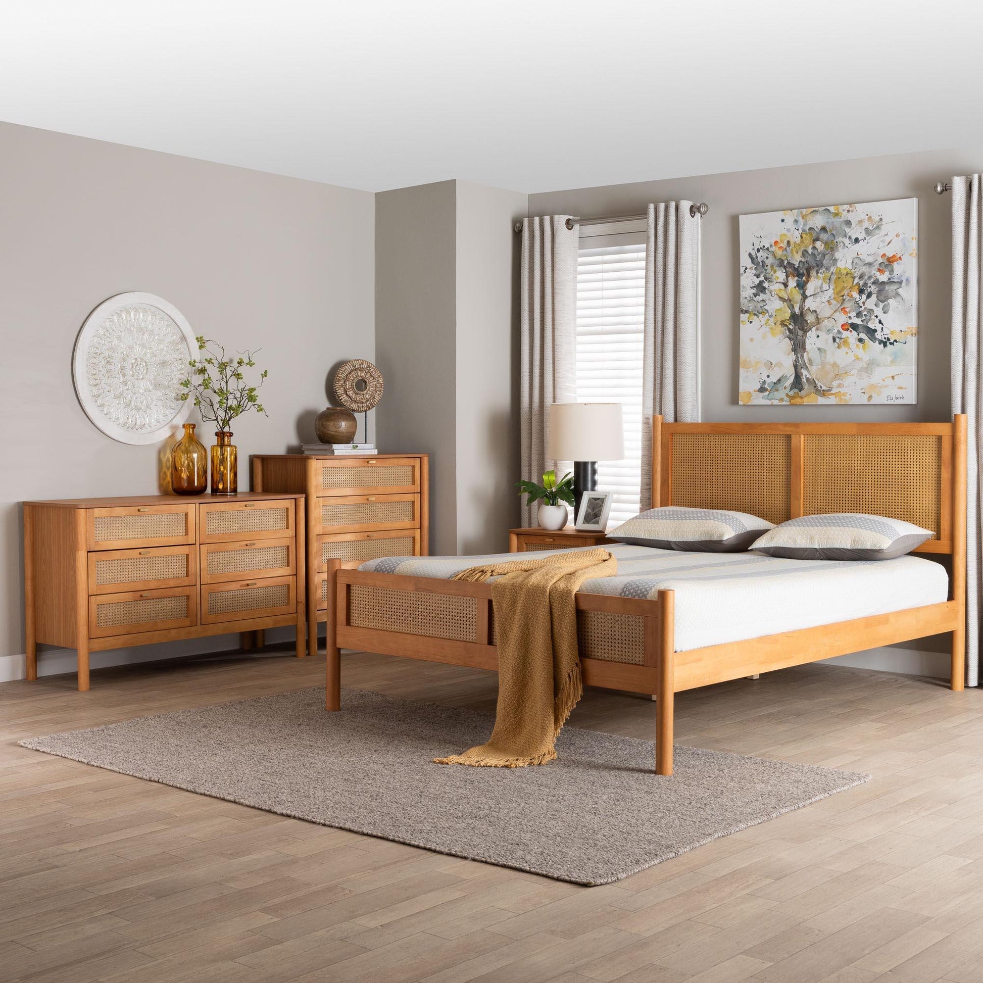 Baxton Studio Jenn Golden Brown Wood Japandi 4-Piece Queen Size Bedroom Set with Distressed-Finished Rattan FredCo