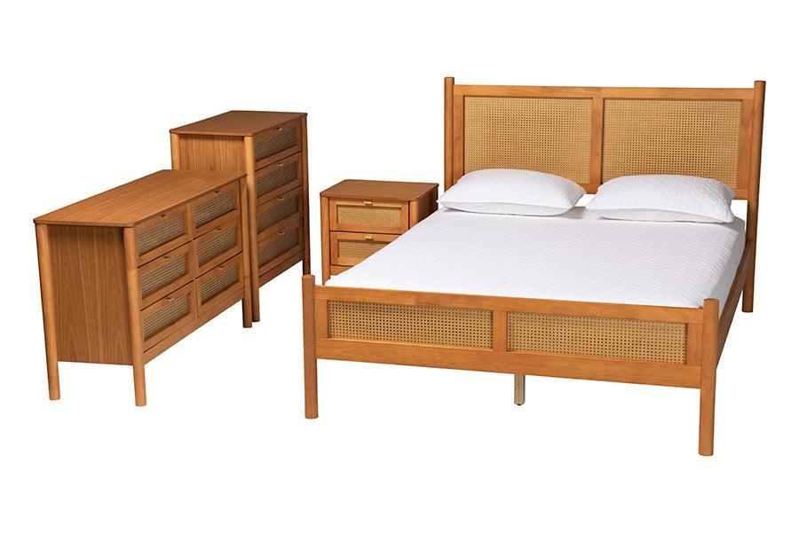 Baxton Studio Jenn Golden Brown Wood Japandi 4-Piece Queen Size Bedroom Set with Distressed-Finished Rattan FredCo