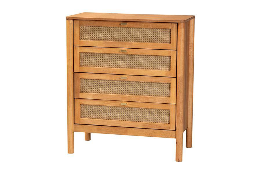 Baxton Studio Jenn Golden Brown Wood Japandi 4-Piece Queen Size Bedroom Set with Distressed-Finished Rattan FredCo