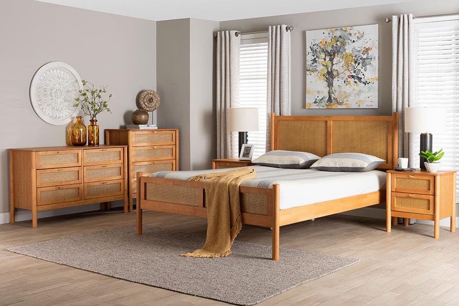 Baxton Studio Jenn Golden Brown Wood Japandi 5-Piece Queen Size Bedroom Set with Distressed-Finished Rattan FredCo