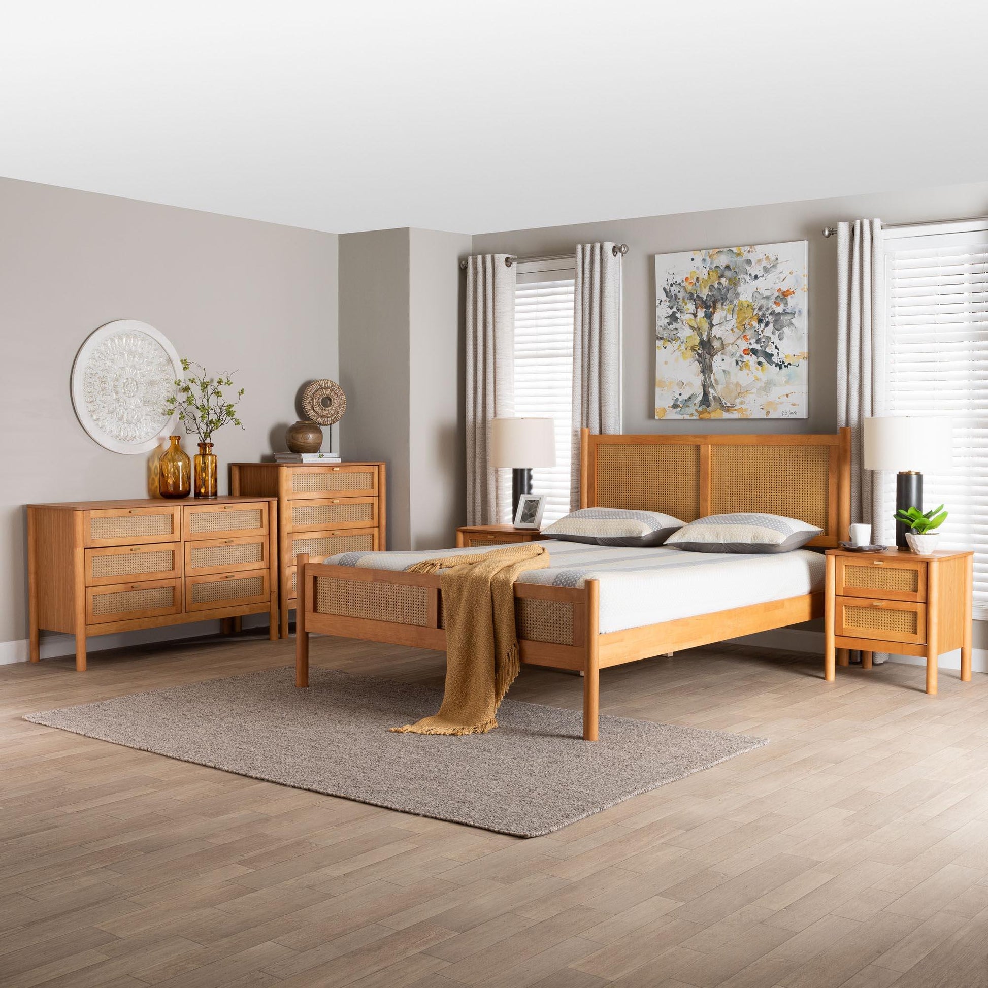 Baxton Studio Jenn Golden Brown Wood Japandi 5-Piece Queen Size Bedroom Set with Distressed-Finished Rattan FredCo