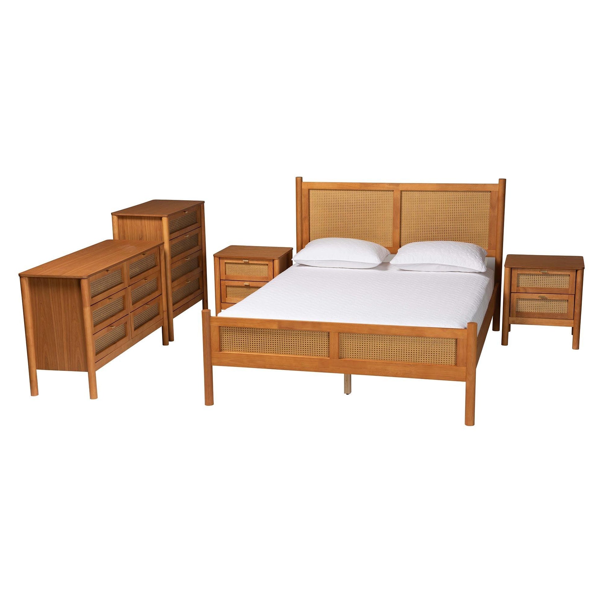 Baxton Studio Jenn Golden Brown Wood Japandi 5-Piece Queen Size Bedroom Set with Distressed-Finished Rattan FredCo