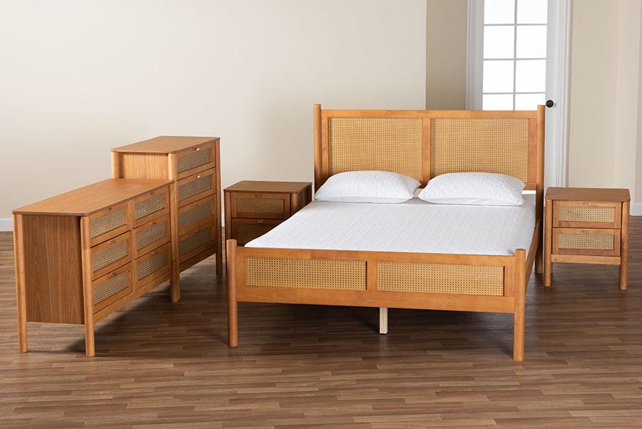 Baxton Studio Jenn Golden Brown Wood Japandi 5-Piece Queen Size Bedroom Set with Distressed-Finished Rattan FredCo