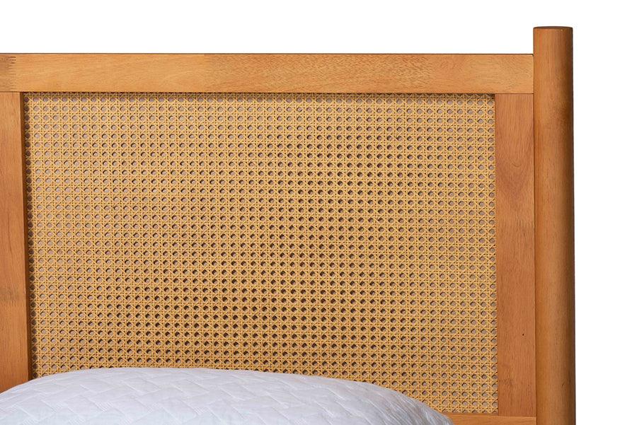 Baxton Studio Jenn Golden Brown Wood Japandi 5-Piece Queen Size Bedroom Set with Distressed-Finished Rattan FredCo