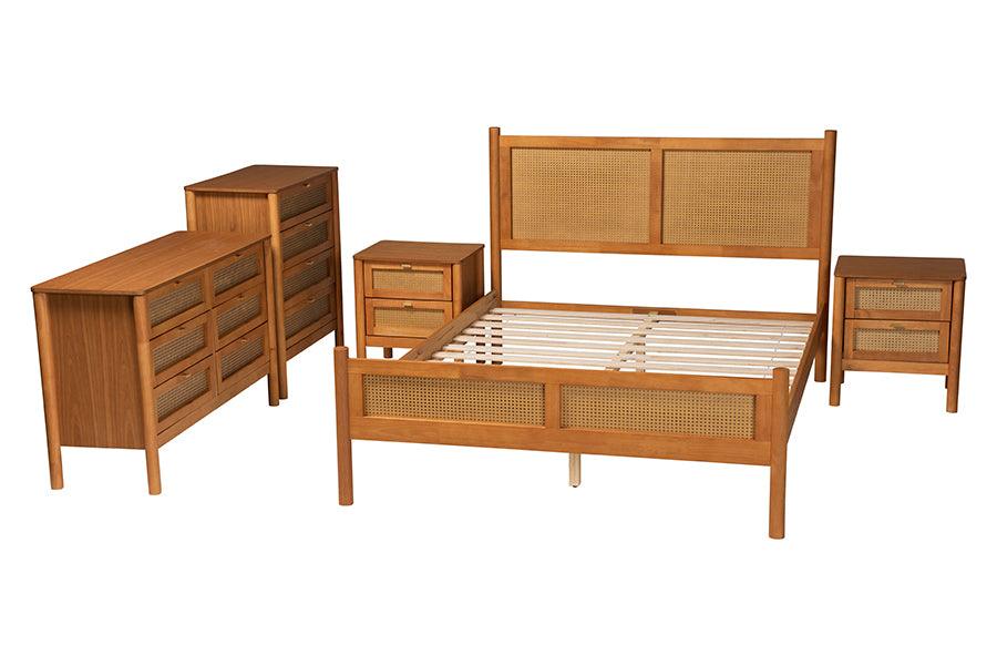 Baxton Studio Jenn Golden Brown Wood Japandi 5-Piece Queen Size Bedroom Set with Distressed-Finished Rattan FredCo