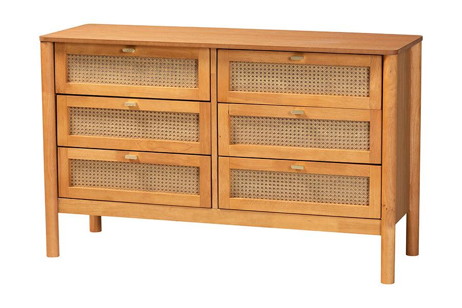 Baxton Studio Jenn Golden Brown Wood Japandi 5-Piece Queen Size Bedroom Set with Distressed-Finished Rattan FredCo