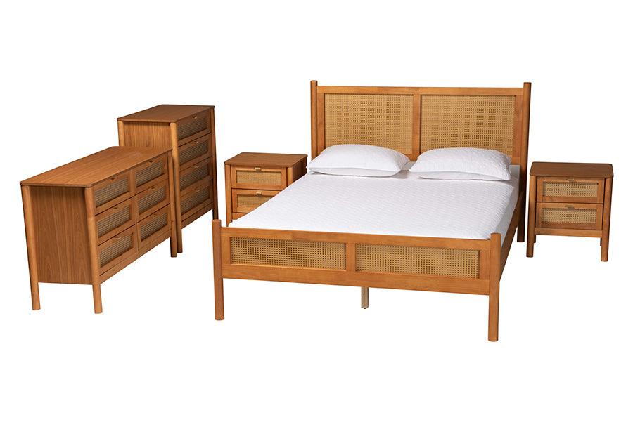 Baxton Studio Jenn Golden Brown Wood Japandi 5-Piece Queen Size Bedroom Set with Distressed-Finished Rattan FredCo
