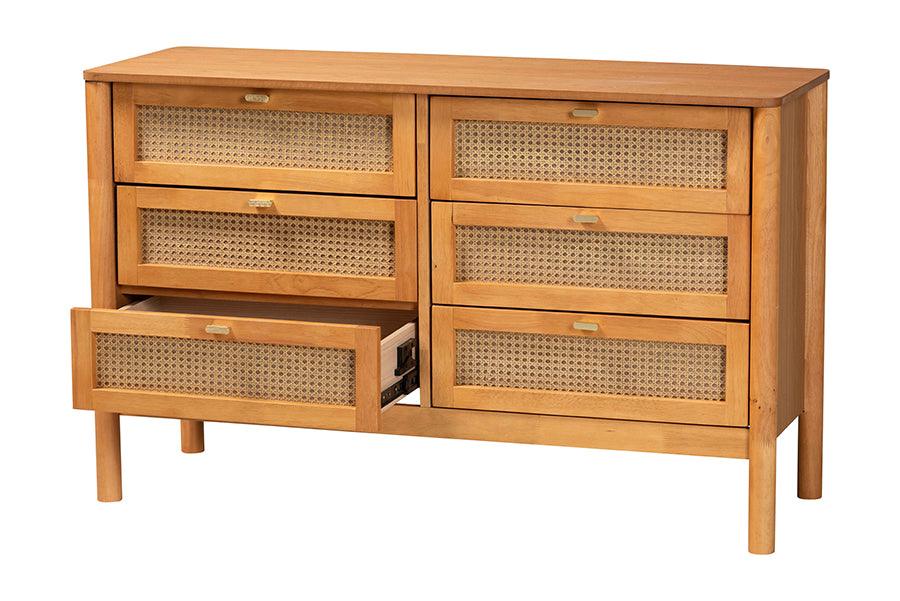 Baxton Studio Jenn Golden Brown Wood Japandi 6-Drawer Dresser with Distressed-Finished Rattan FredCo