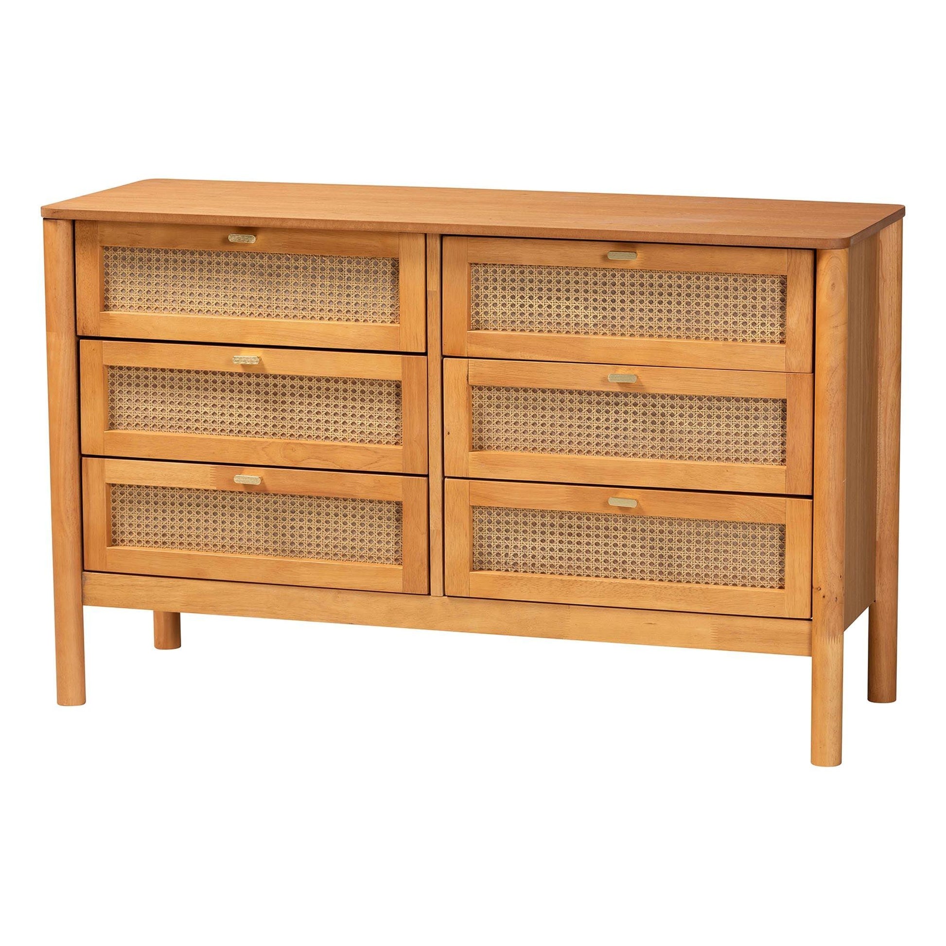 Baxton Studio Jenn Golden Brown Wood Japandi 6-Drawer Dresser with Distressed-Finished Rattan FredCo