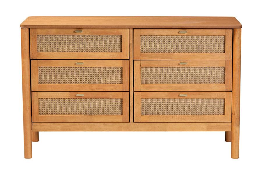 Baxton Studio Jenn Golden Brown Wood Japandi 6-Drawer Dresser with Distressed-Finished Rattan FredCo