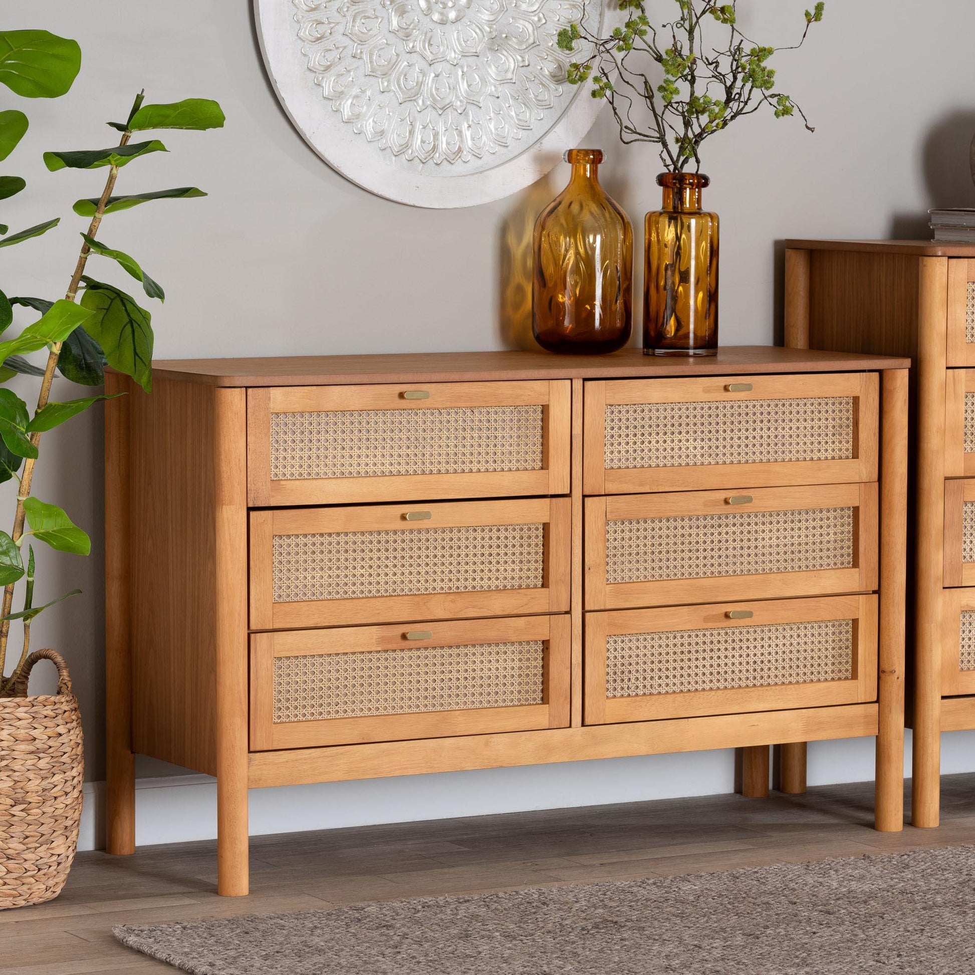 Baxton Studio Jenn Golden Brown Wood Japandi 6-Drawer Dresser with Distressed-Finished Rattan FredCo
