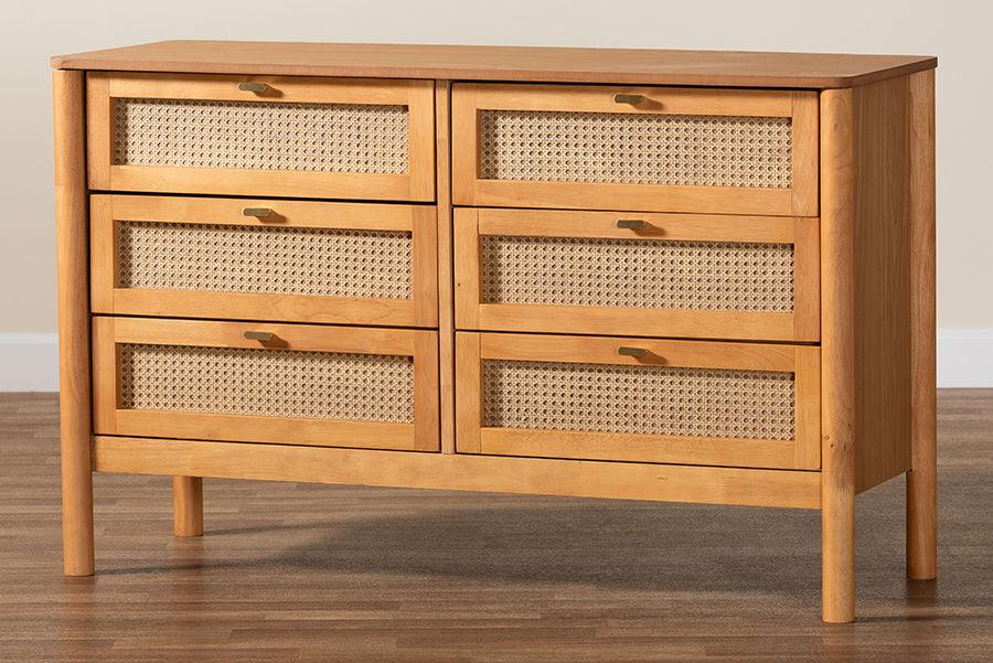 Baxton Studio Jenn Golden Brown Wood Japandi 6-Drawer Dresser with Distressed-Finished Rattan FredCo