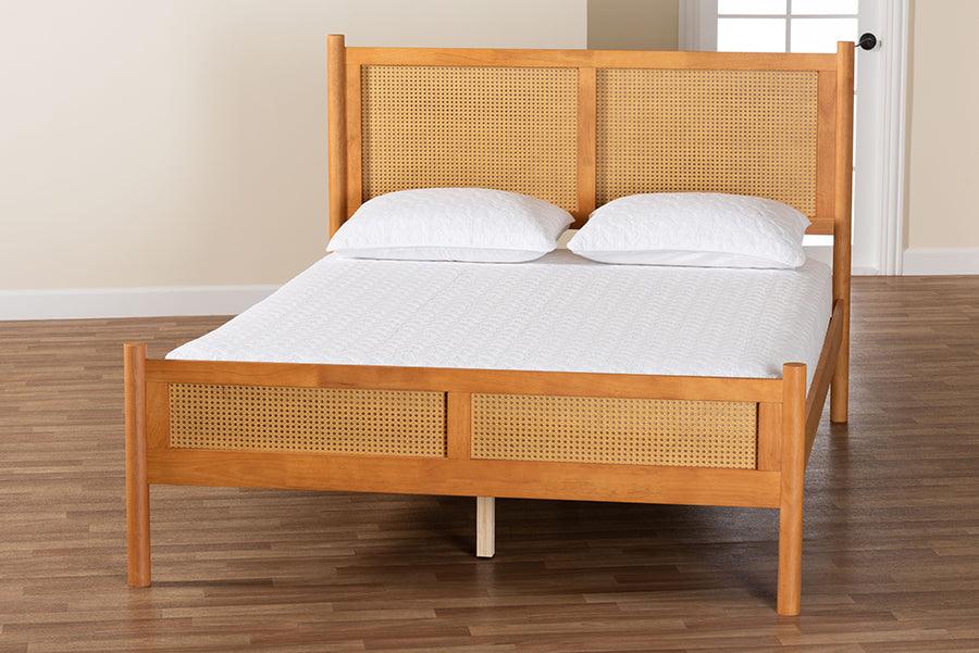 Baxton Studio Jenn Golden Brown Wood Japandi Queen Size Platform Bed with Distressed-Finished Rattan FredCo