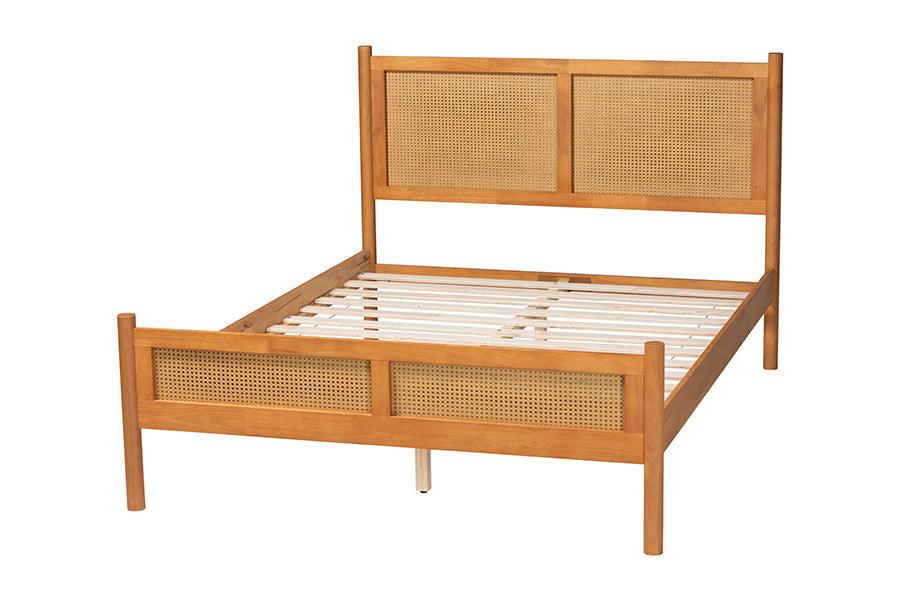 Baxton Studio Jenn Golden Brown Wood Japandi Queen Size Platform Bed with Distressed-Finished Rattan FredCo
