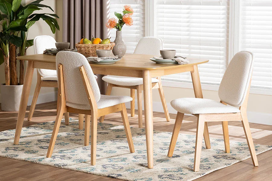 Baxton Studio Jennica 5-Piece Dining Set - Solid Wood Rectangular Table with Boucle Upholstered Chairs, Mid-Century Modern Dining Furniture for Kitchen or Dining Room, Natural and White FredCo