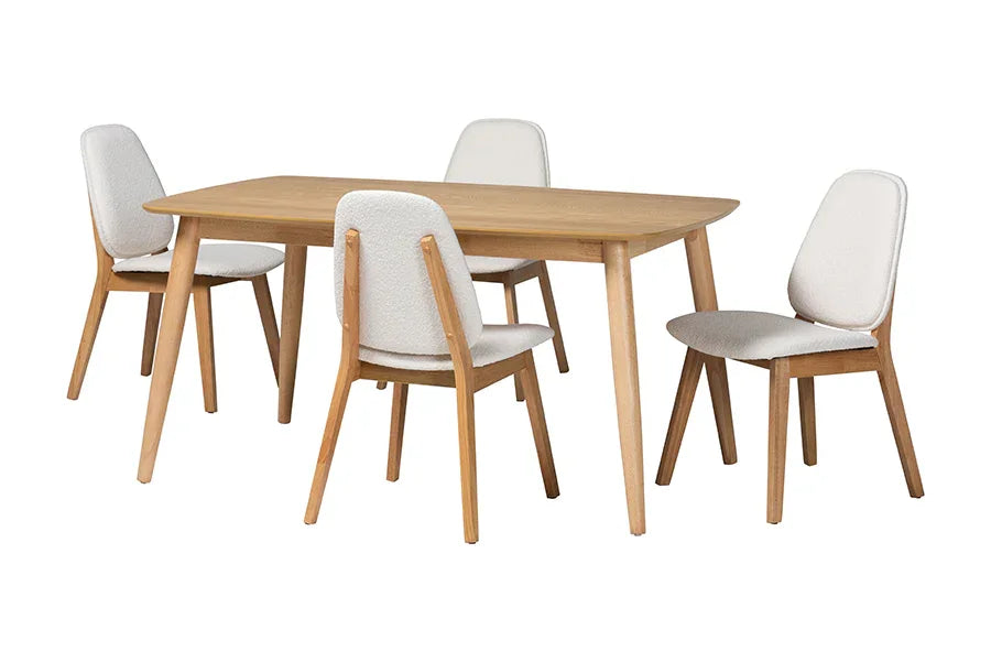 Baxton Studio Jennica 5-Piece Dining Set - Solid Wood Rectangular Table with Boucle Upholstered Chairs, Mid-Century Modern Dining Furniture for Kitchen or Dining Room, Natural and White FredCo