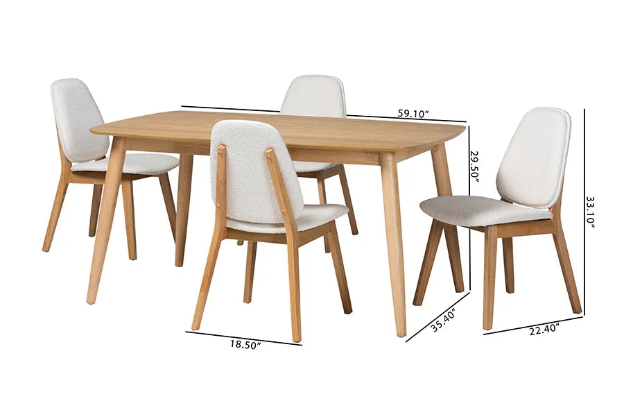 Baxton Studio Jennica 5-Piece Dining Set - Solid Wood Rectangular Table with Boucle Upholstered Chairs, Mid-Century Modern Dining Furniture for Kitchen or Dining Room, Natural and White FredCo