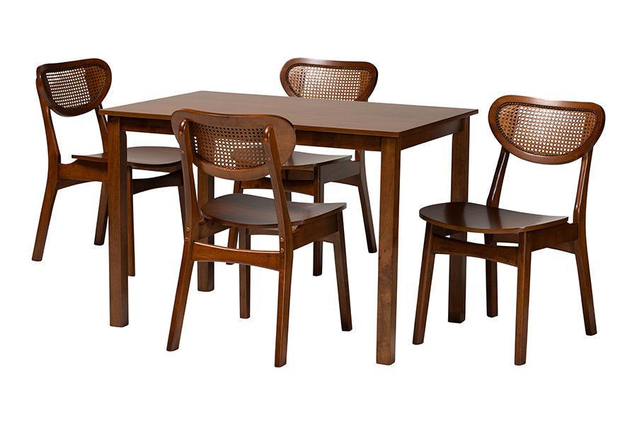 Baxton Studio Jeriah Mid-Century Modern Walnut Brown Finished Wood and Woven Rattan 5-Piece Dining Set FredCo