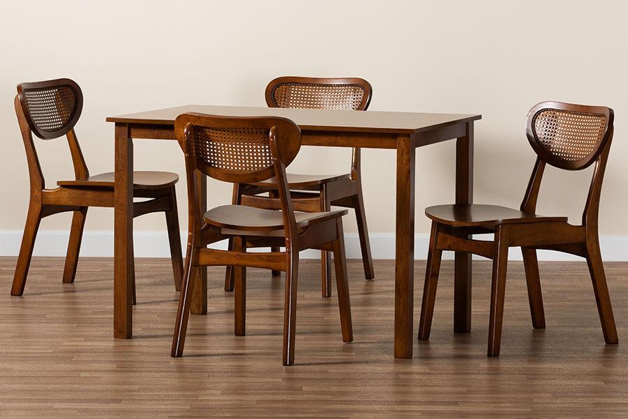 Baxton Studio Jeriah Mid-Century Modern Walnut Brown Finished Wood and Woven Rattan 5-Piece Dining Set FredCo