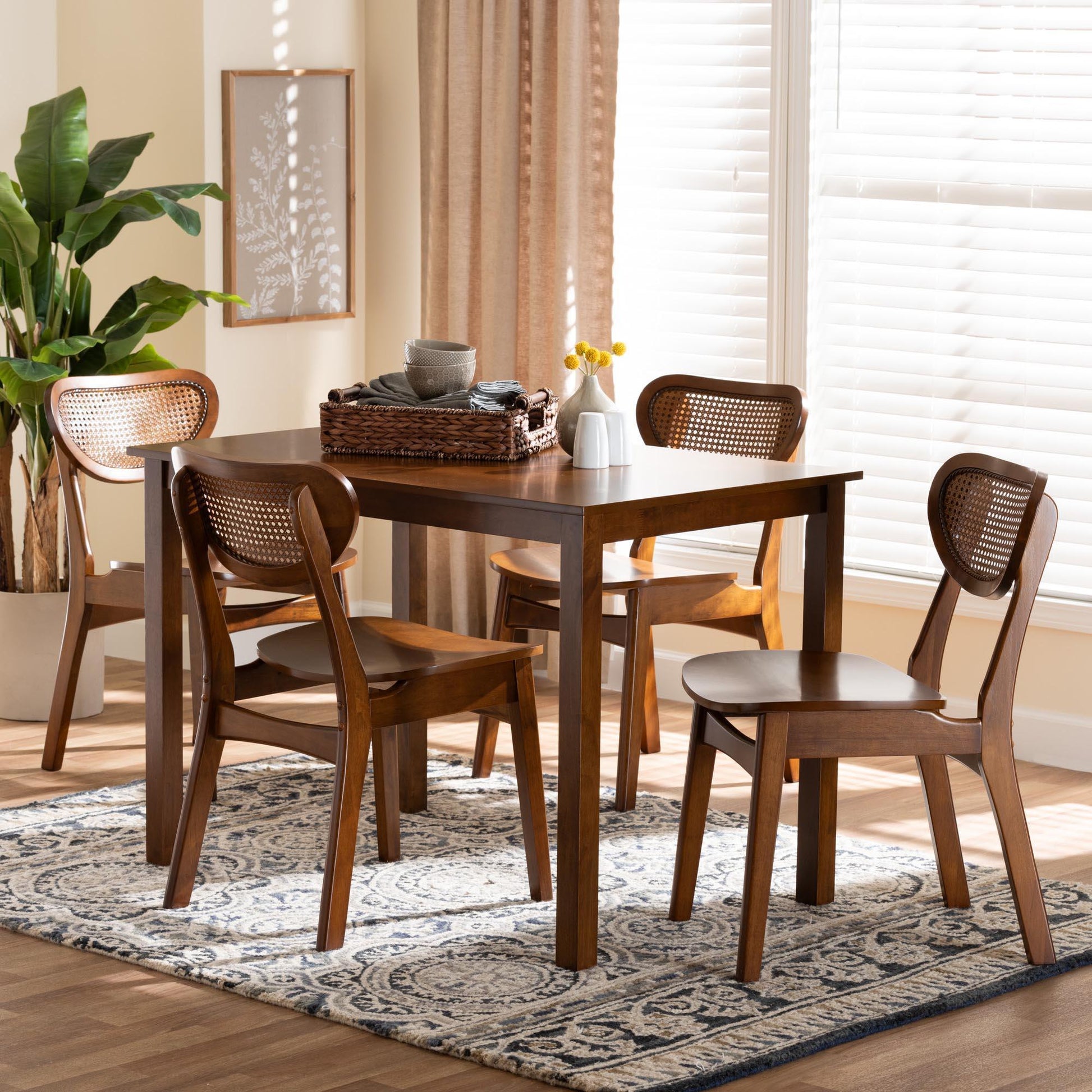 Baxton Studio Jeriah Mid-Century Modern Walnut Brown Finished Wood and Woven Rattan 5-Piece Dining Set FredCo