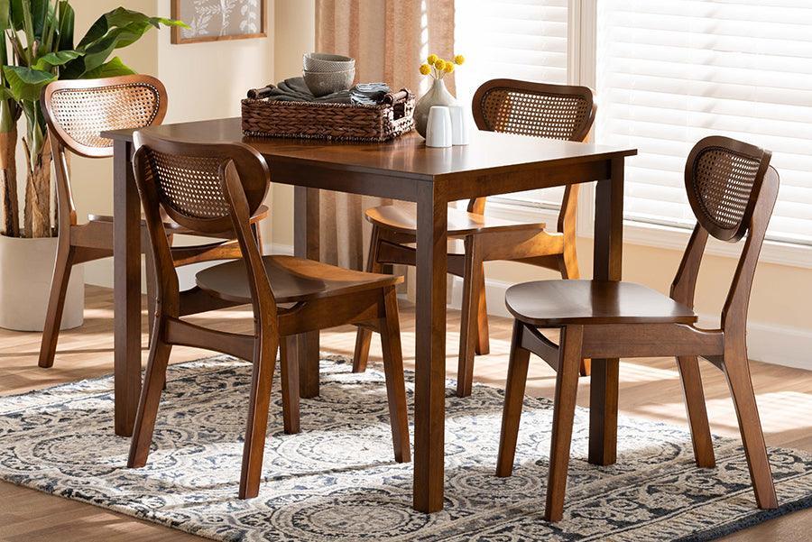 Baxton Studio Jeriah Mid-Century Modern Walnut Brown Finished Wood and Woven Rattan 5-Piece Dining Set FredCo