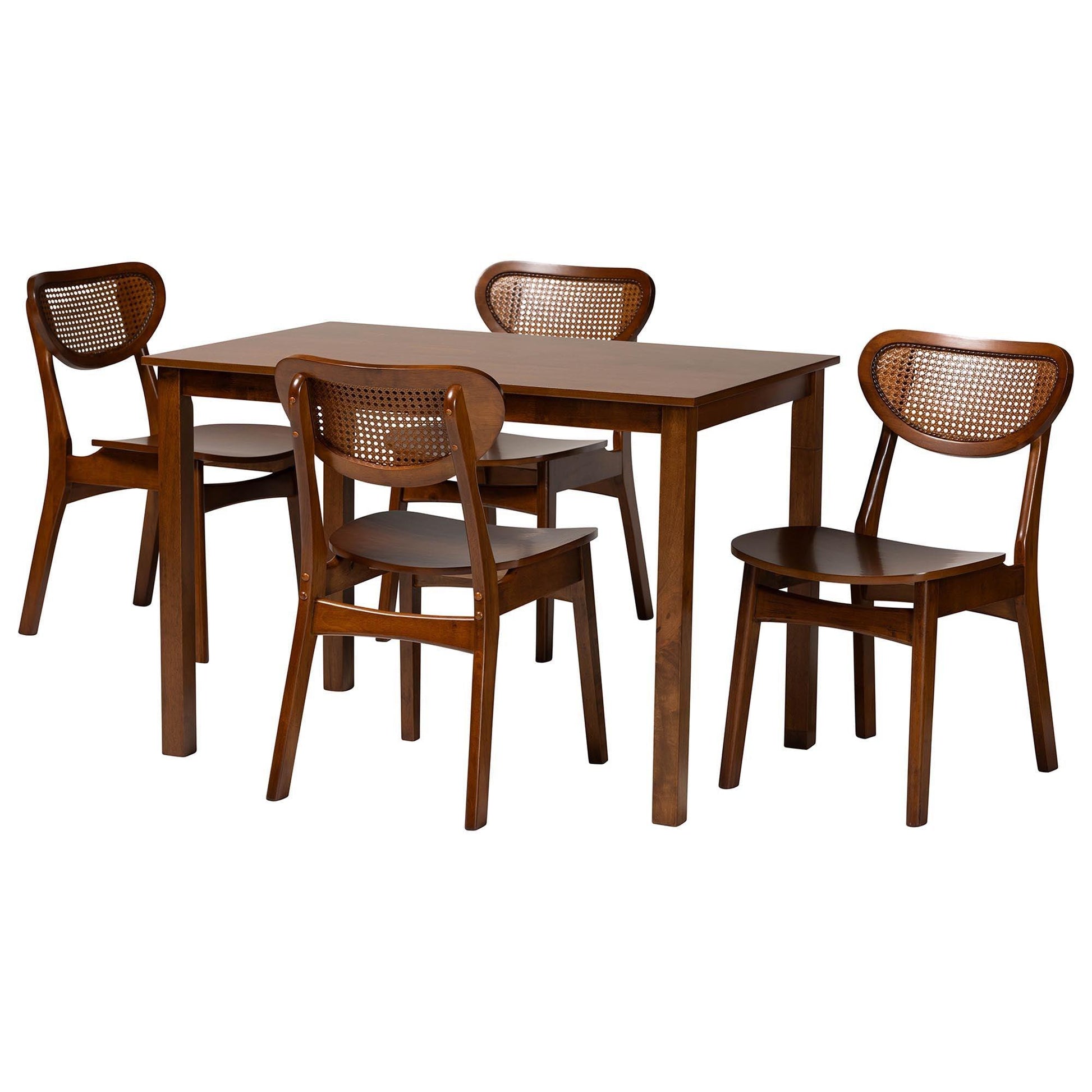 Baxton Studio Jeriah Mid-Century Modern Walnut Brown Finished Wood and Woven Rattan 5-Piece Dining Set FredCo