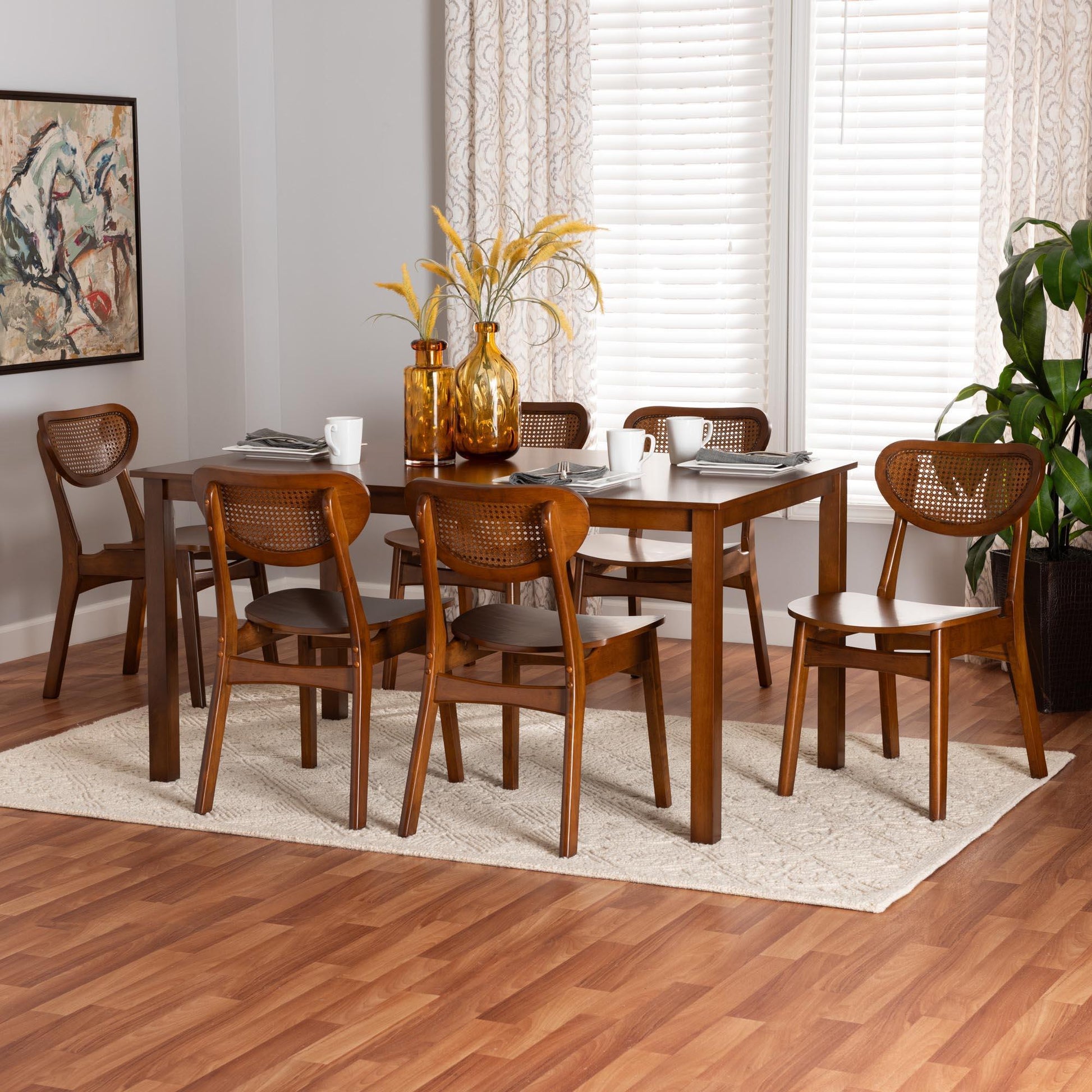 Baxton Studio Jeriah Mid-Century Modern Walnut Brown Finished Wood and Woven Rattan 7-Piece Dining Set FredCo