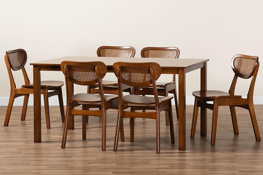 Baxton Studio Jeriah Mid-Century Modern Walnut Brown Finished Wood and Woven Rattan 7-Piece Dining Set FredCo