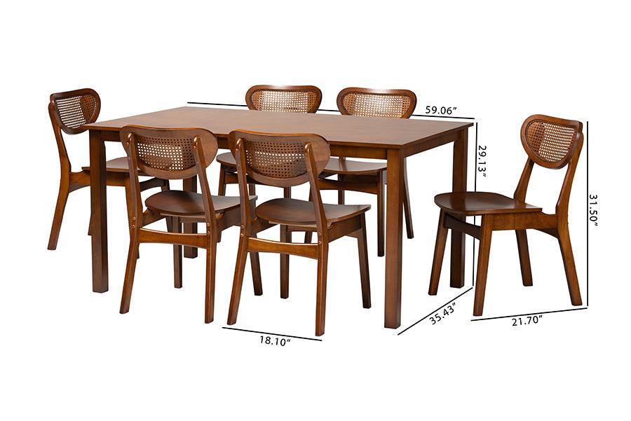 Baxton Studio Jeriah Mid-Century Modern Walnut Brown Finished Wood and Woven Rattan 7-Piece Dining Set FredCo
