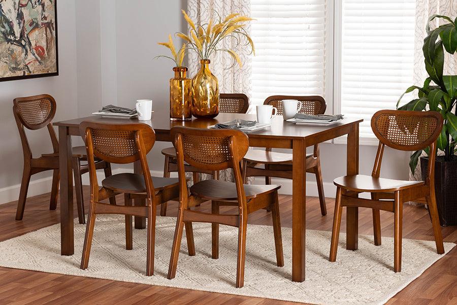 Baxton Studio Jeriah Mid-Century Modern Walnut Brown Finished Wood and Woven Rattan 7-Piece Dining Set FredCo