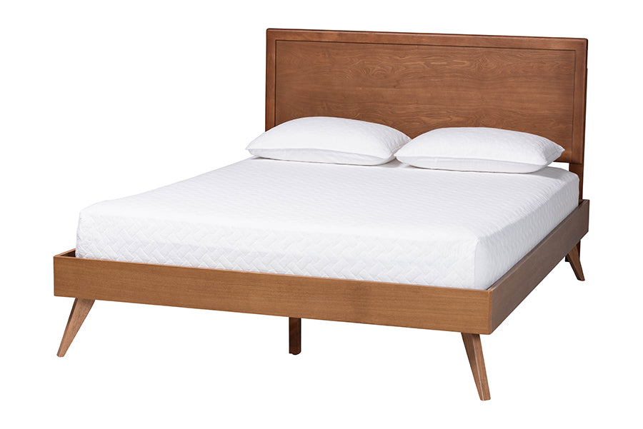 Modern wooden bed frame with headboard and white bedding, FredCo International furniture