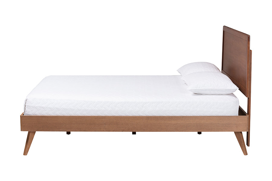 Modern wooden bed frame with white mattress and pillows, FredCo International furniture