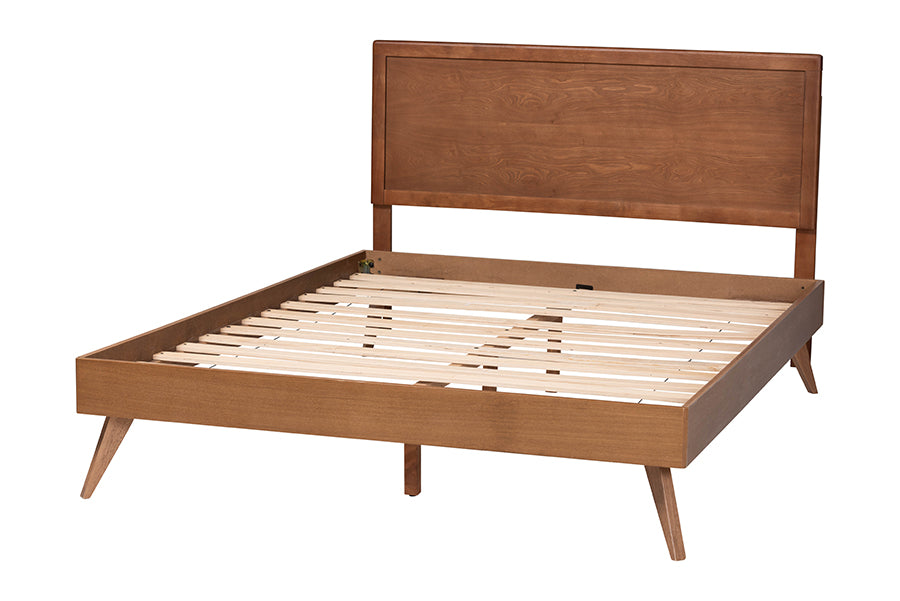 Mid-century modern wooden bed frame with slatted base and angled legs from FredCo International