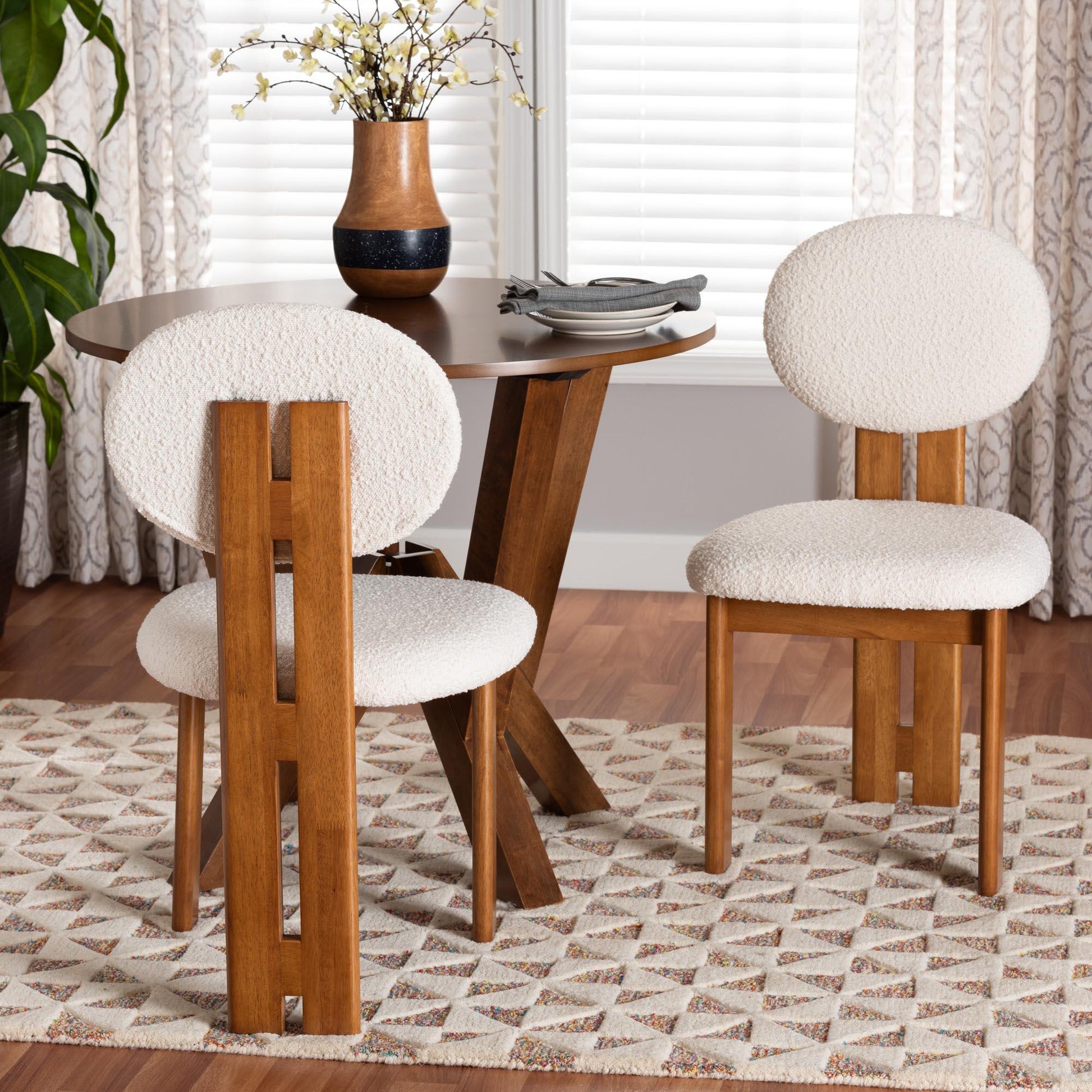 Baxton Studio Kacela Modern Japandi Cream Boucle Fabric and Walnut Brown Finished Wood 2-Piece Dining Chair Set FredCo